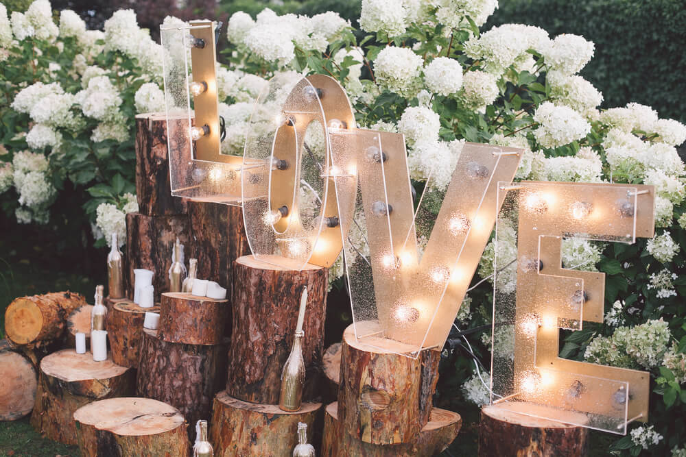 Decor that spells out "LOVE" can be seen at the Lakewoods Resort, the perfect setting for a Wisconsin Northwoods wedding.