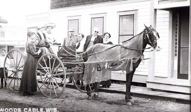 Historic photo of group around a wagon led by a horse named Babe