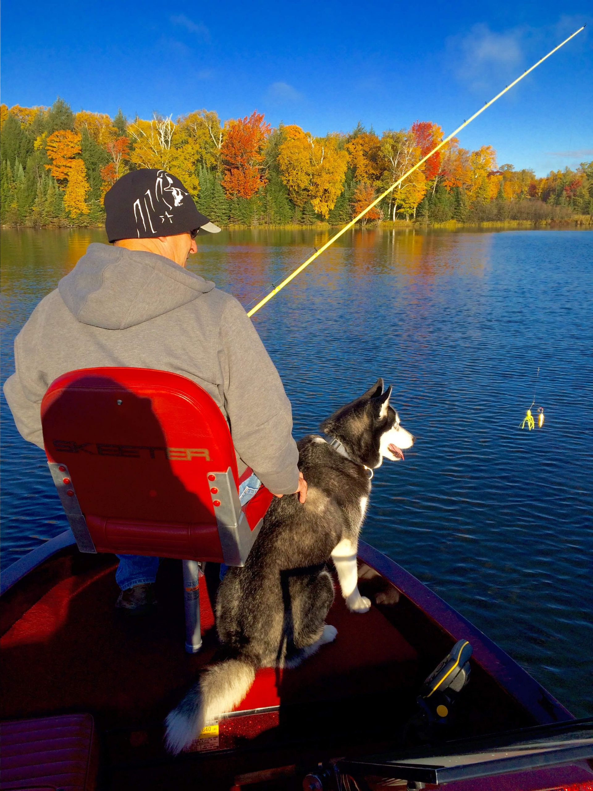 man and dog fishing on the lake