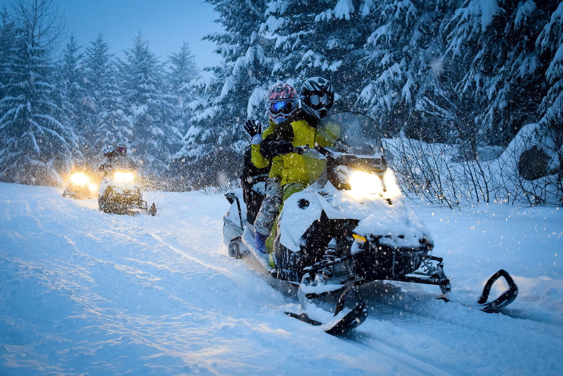 snowmobiles on trail at night