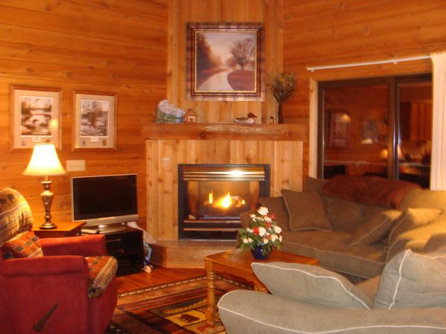 cabin home living room with fireplace
