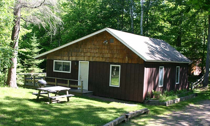 Bayview - cabin exterior, lawn and picnic table