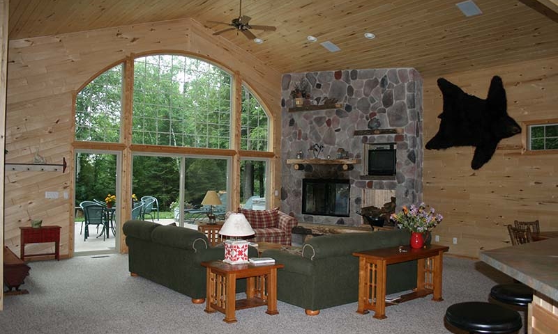 cabin living room with fireplace