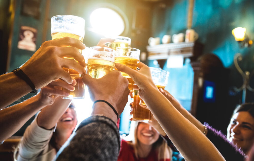 A group of friends enjoy Northwoods brewing.